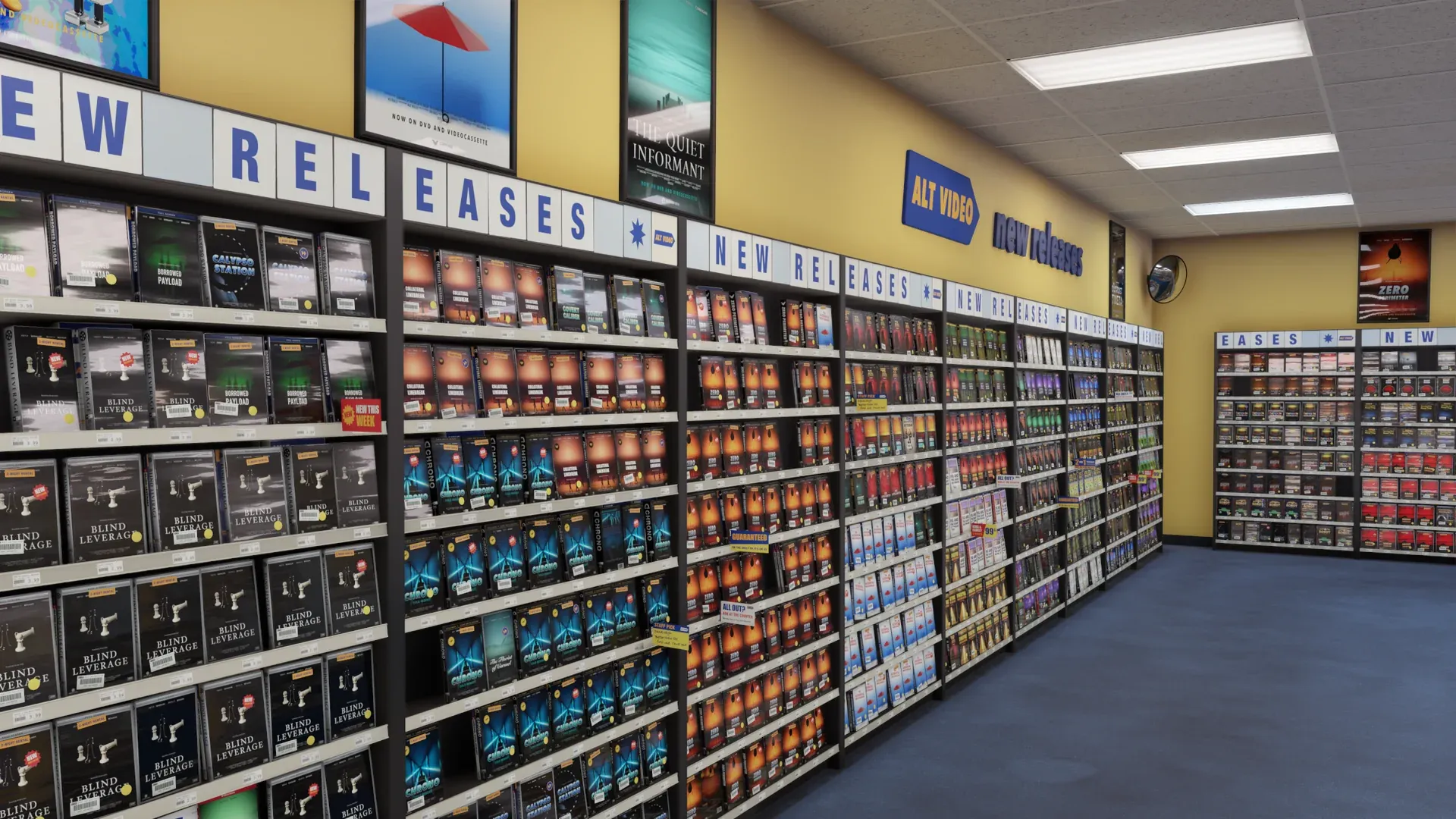 The New Releases wall, cases face out under the Alt Video sign
