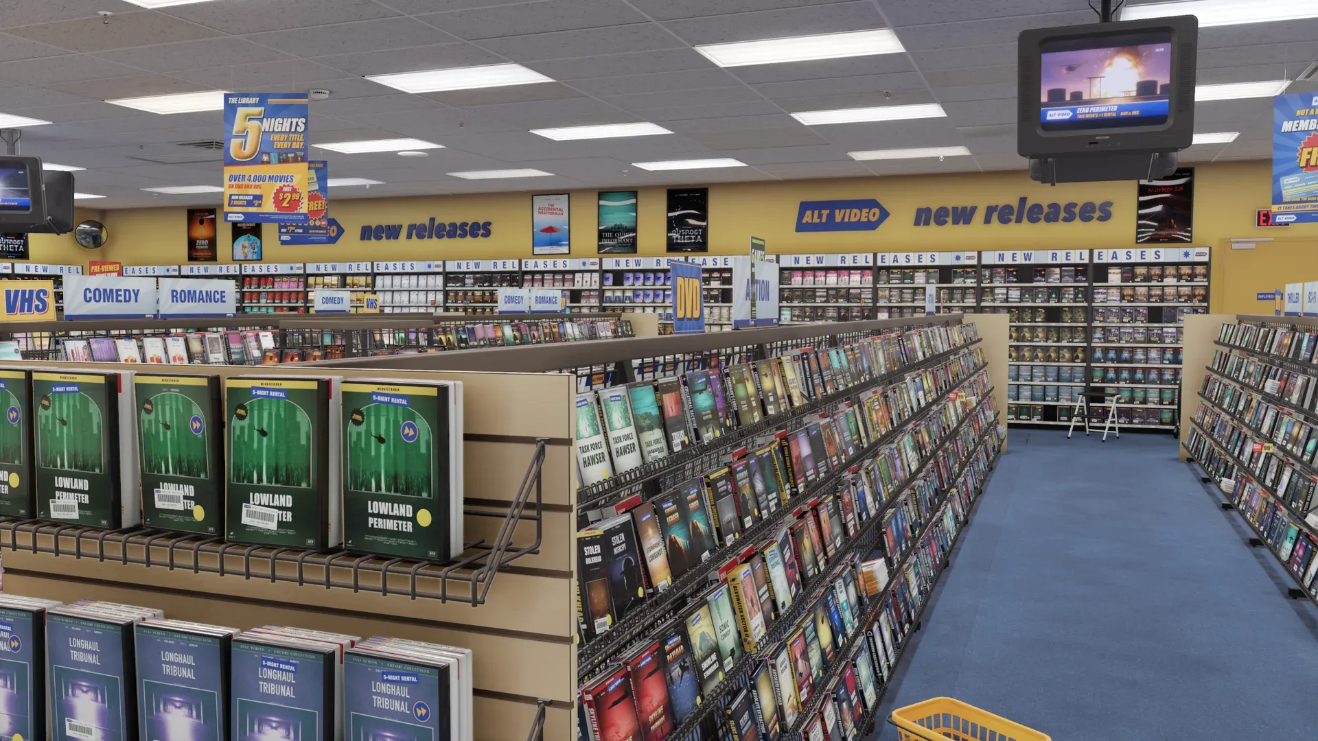 The first aisle, looking across the shelves to the New Releases wall