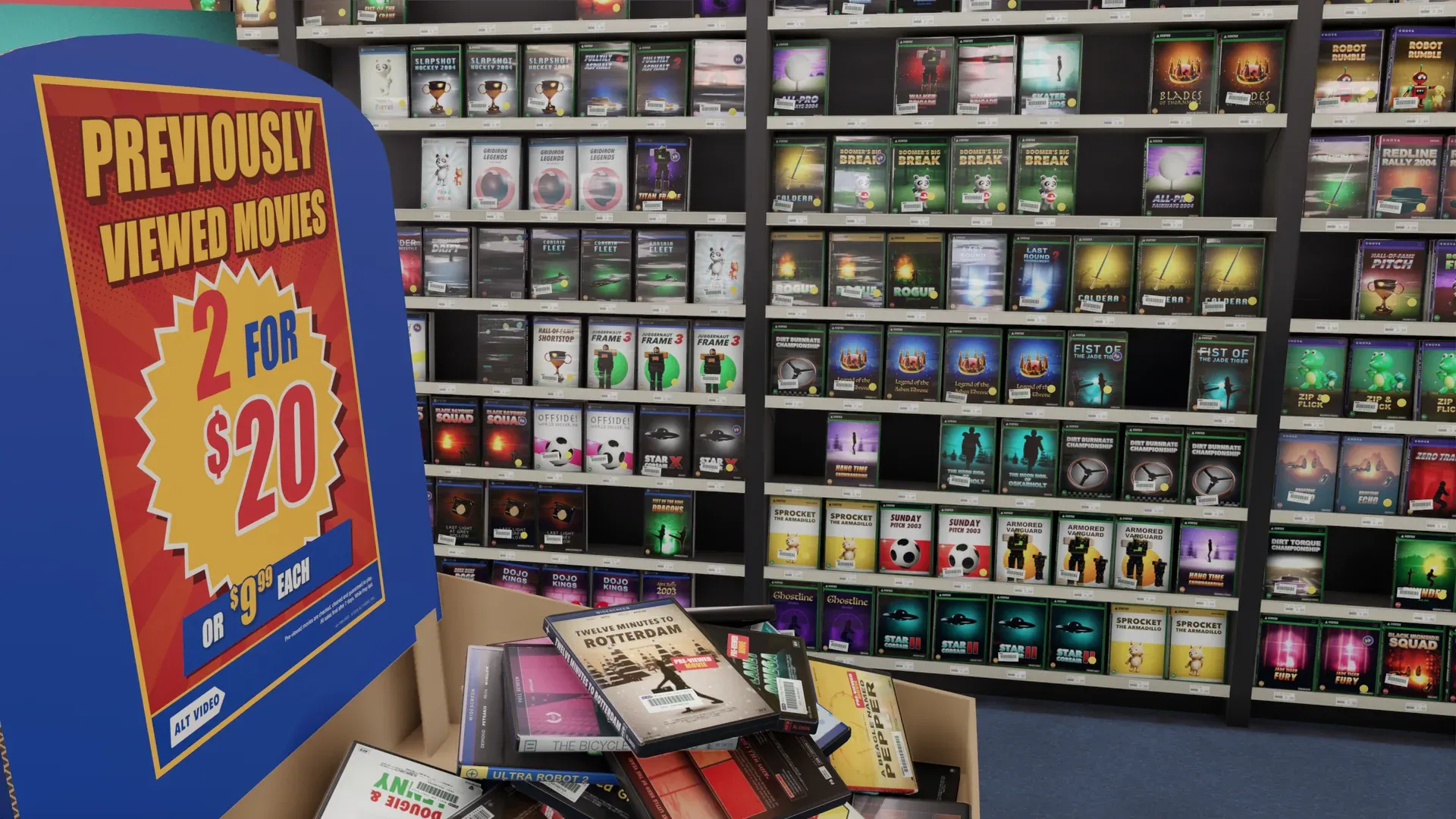 The games wall, with a sale bin of cases in front